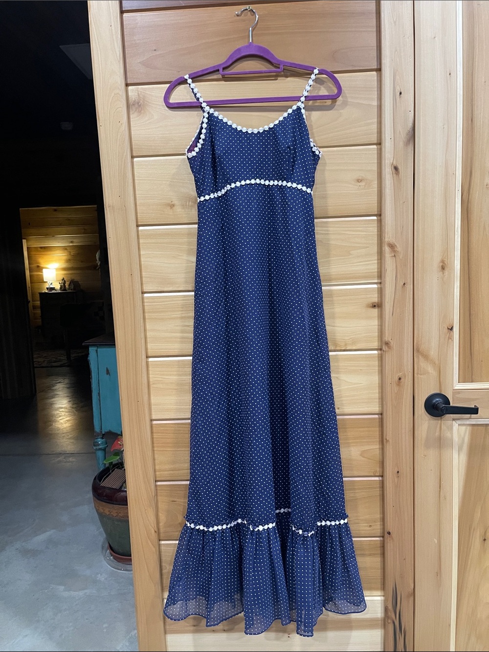Vintage Navy Polka Dot Maxi Dress with White Trim